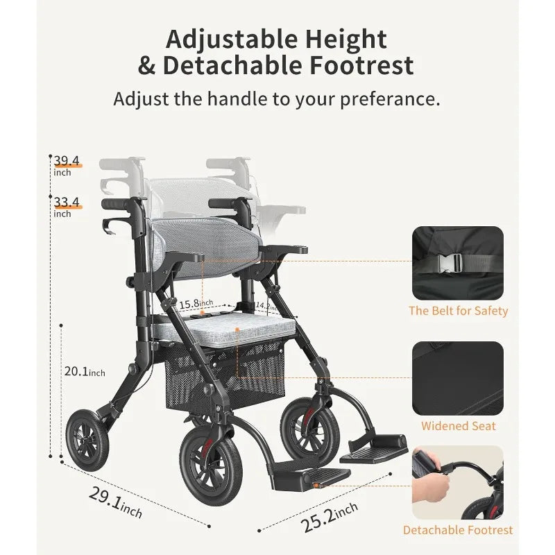 VOCIC 2 in 1 Rolling Walker Chair with Brakes & Pouch for Seniors, Lightweight Foldable Wheelchair, Adult Walkers All Terrain