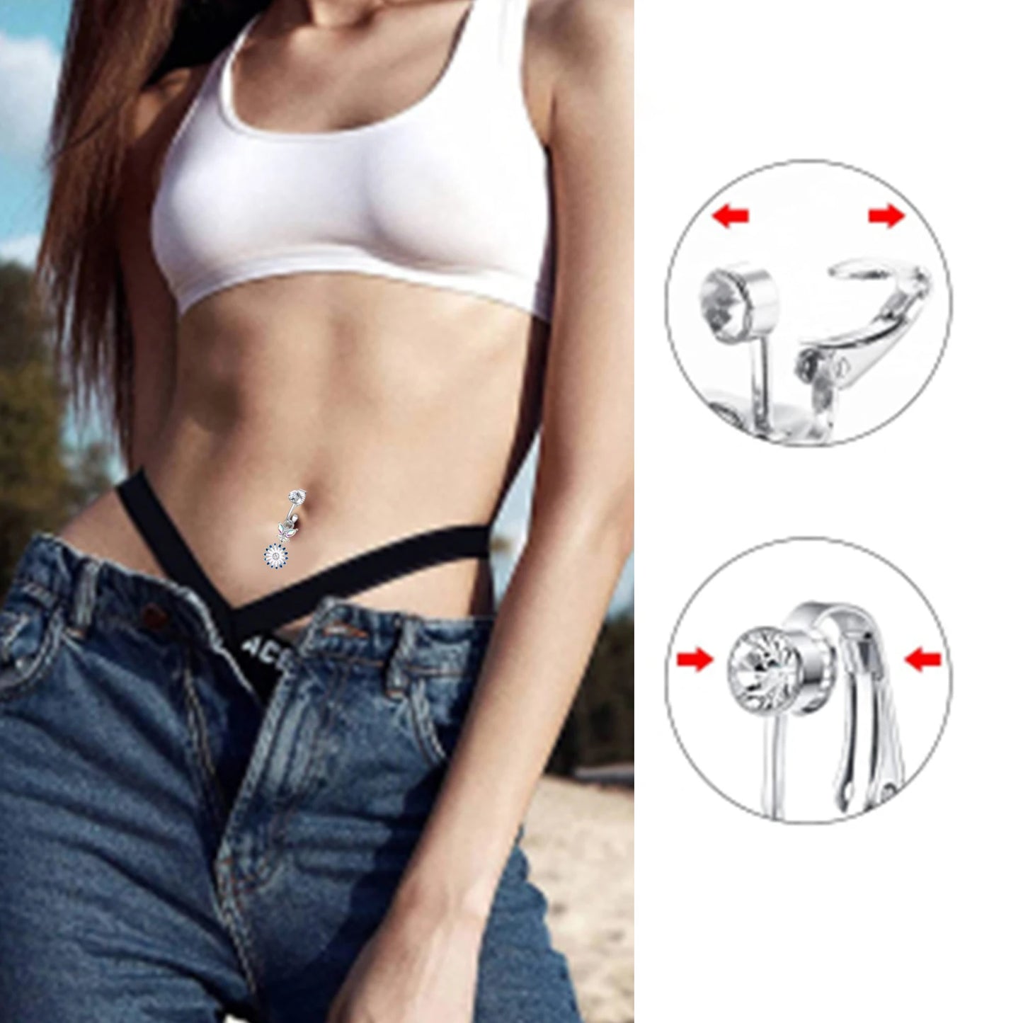 Fake Belly Piercing Sunflower Dangling Long Fake Belly Button Pircing Clip On Umbilical Navel Cartilage Earring Clip Jewelry