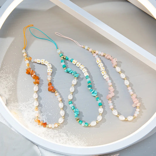 Mobile Phone Chain Women Stone Pearl Jewelry Cell Phone Strap Lanyard Beads Necklace