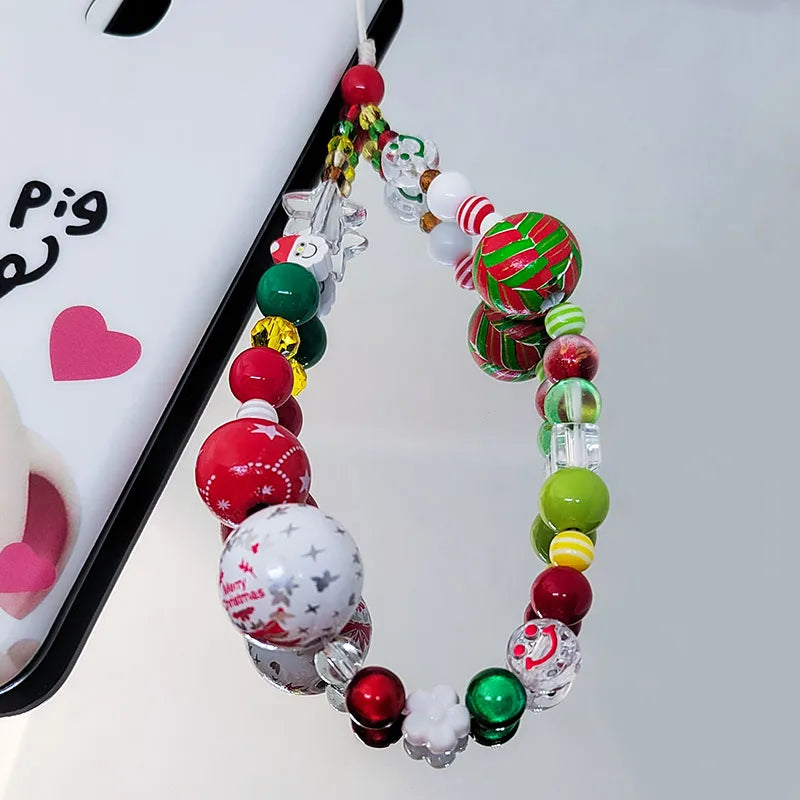 Gingerbread Man Mobile Phone Charm Strap Chain Lanyard Cute Red Green Clear Acrylic Bead Women Christmas Gifts Cellphone Jewelry