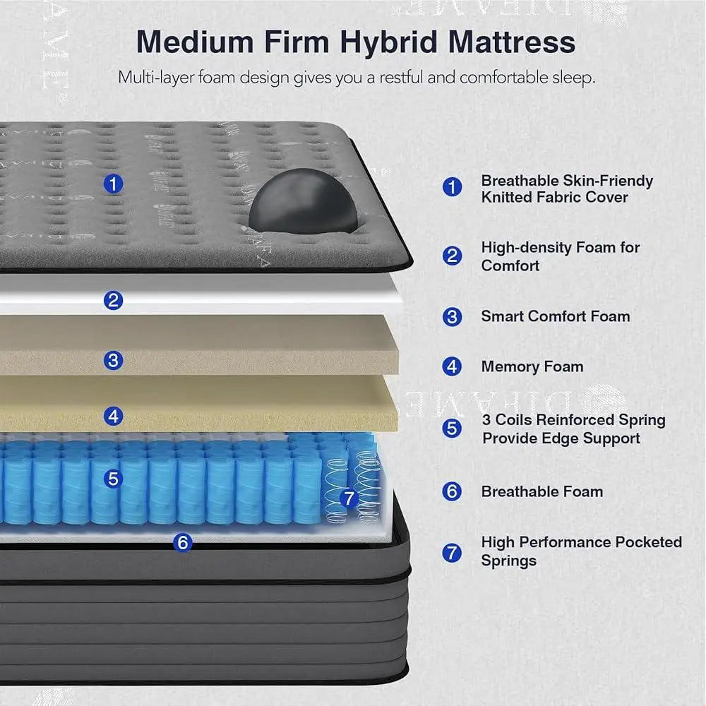 12 Inch Memory Foam Hybrid Mattress California King Individually Pocket Coils Motion Isolation Edge Support Breathable Moisture