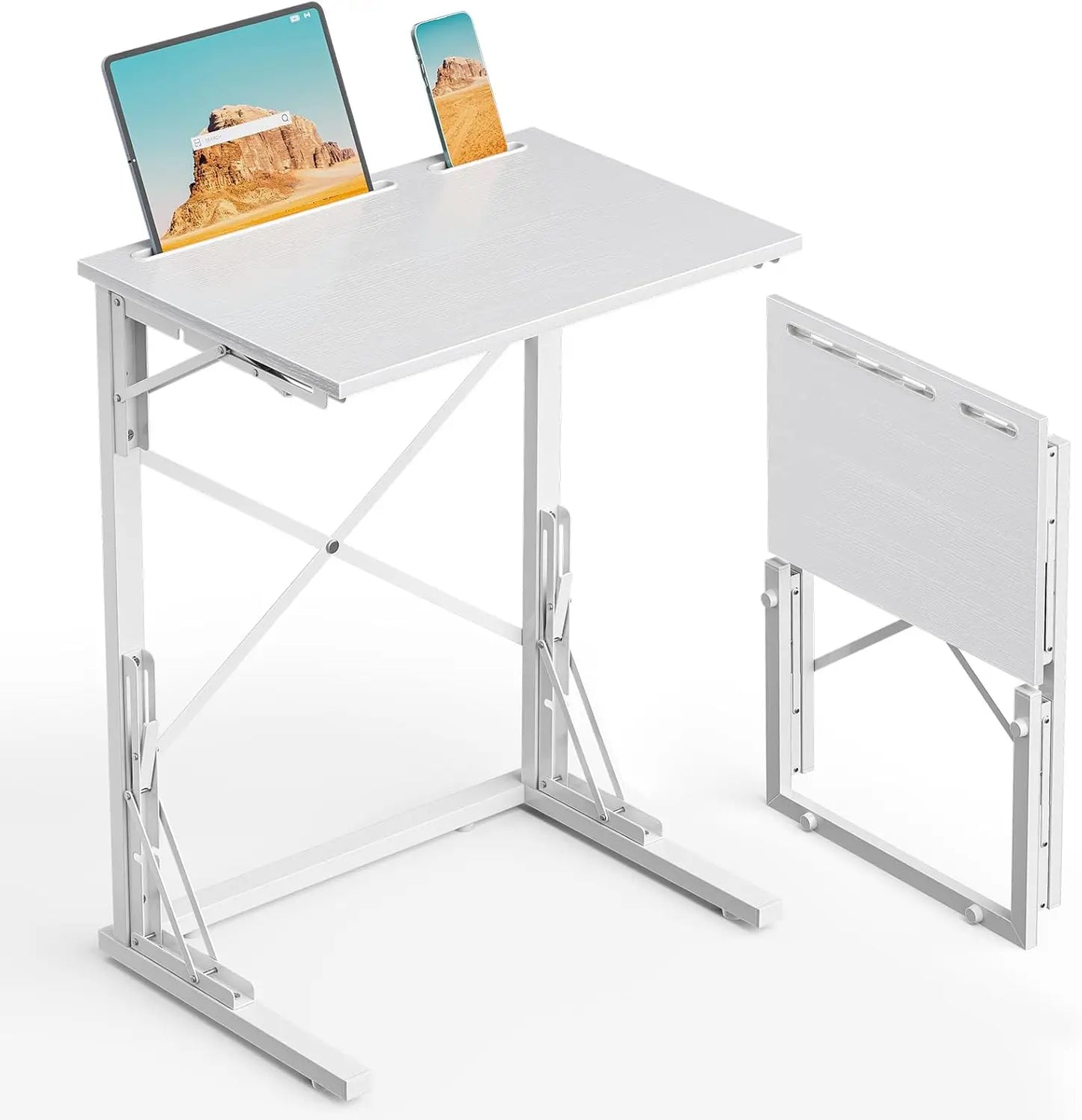 21''Wx28''H Folding TV Tray, Small Foldable C-Shaped End Table for Eating with Tablet and Phone Slots, Slide Under Couch