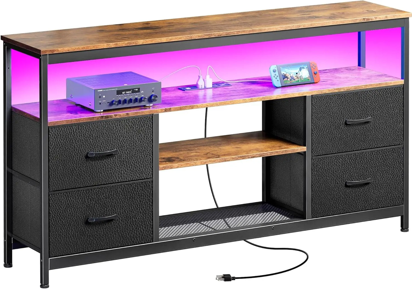 TV Stand Dresser with Power Outlets and LED Lights, 4 Drawers Entertainment Center with Open Shelf, Media Console for 50
