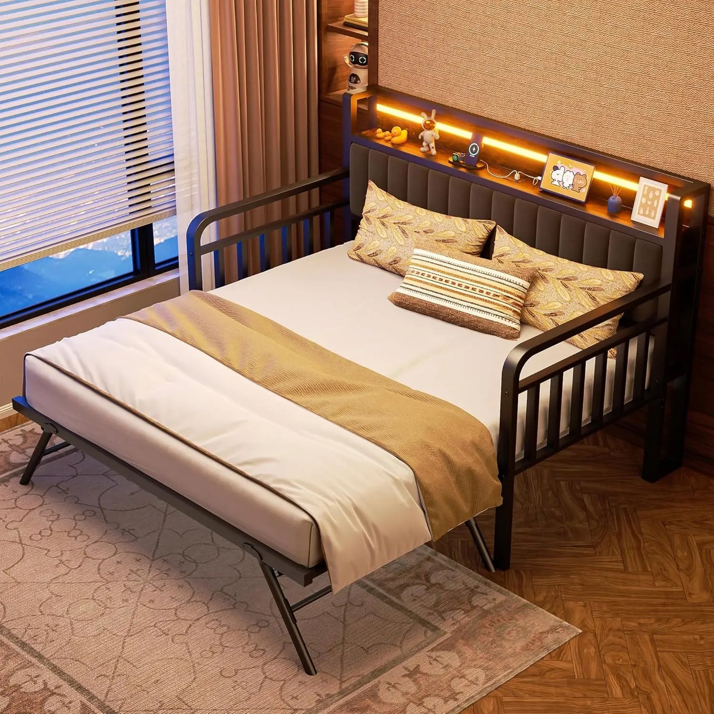 LED Light, Heavy Duty Metal Twin Bed Frame with Upholstered Storage Headboard & Charging Station, Day Bed Pop Up Trundle Bed Twi