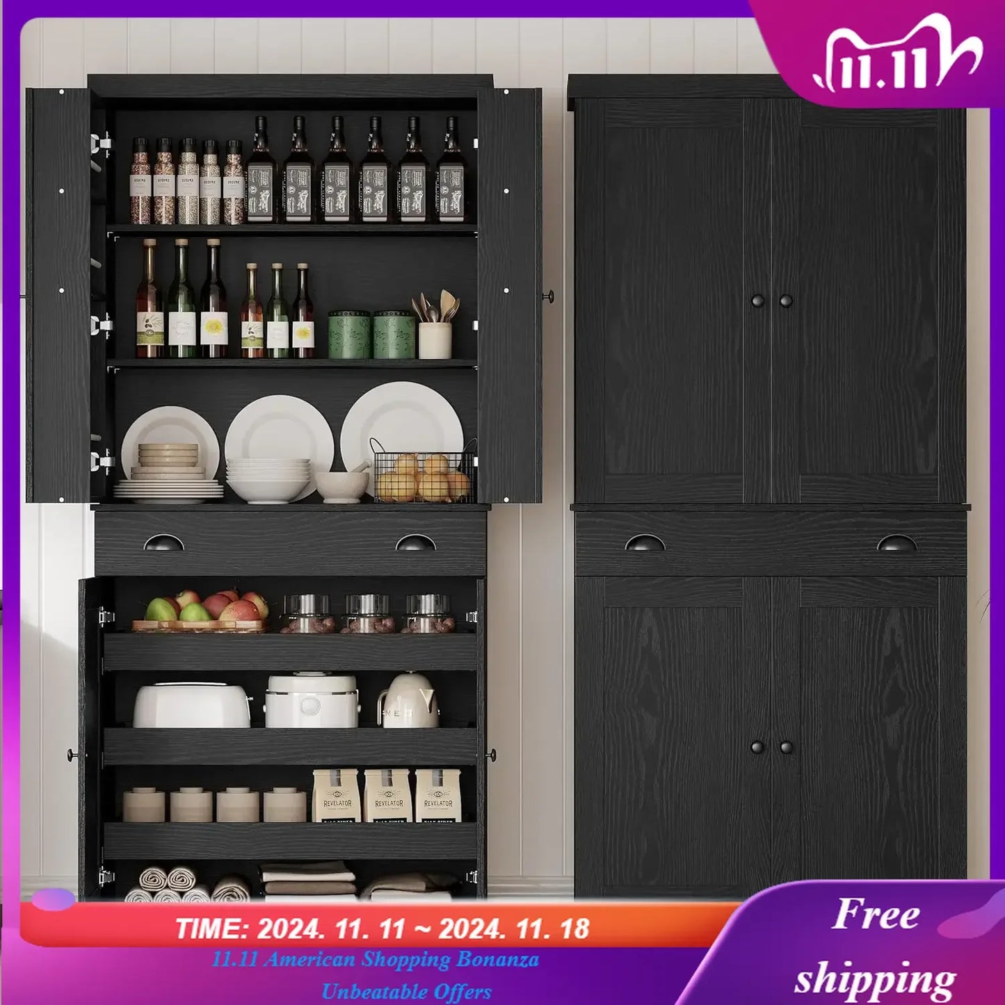 Kitchen Pantry Cabinet Freestanding Cupboard with Drawer, Sliding Storage Rack, and 6 Hanging Shelves