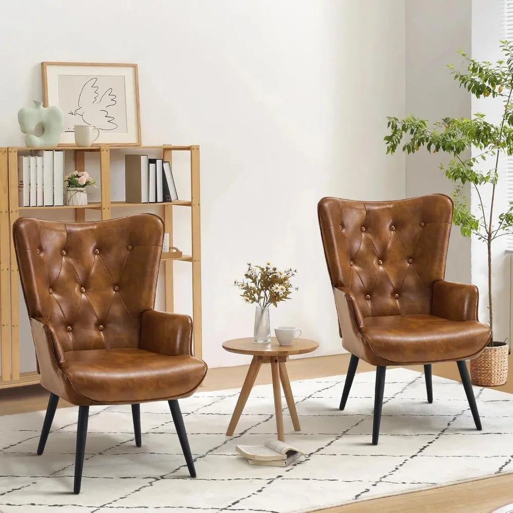 Living Room Chair.Accent Chairs Set of 2 Brown PU Leather Chair Reading Chair Armchair with High Backrest, Wingback Corner Chair