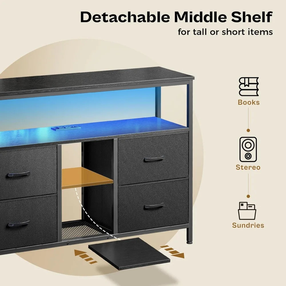 TV Stand Dresser with Power Outlets and LED Lights, 4 Drawers Entertainment Center with Open Shelf, Media Console for 50