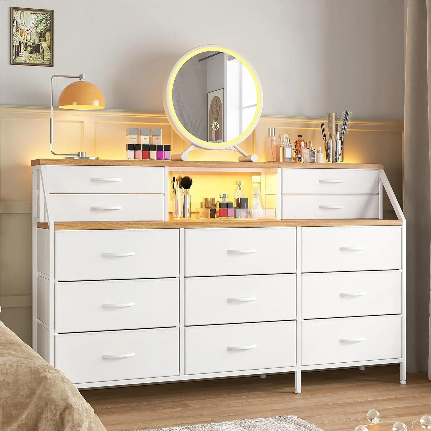 Bedroom Dresser with 13 Large Drawer, Dressers & Chests of Drawers, Dressers with 2 Shelves, Wooden Top Metal Frame Rustic Brown