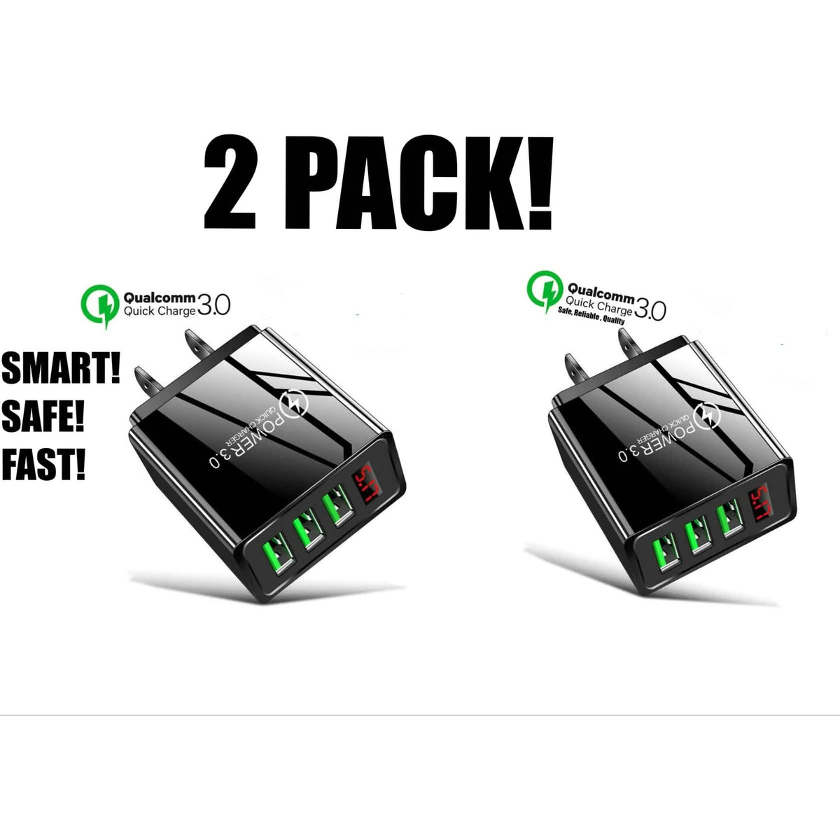 2-Pack: 3 Port LED Fast Quick Charge QC 3.0 USB Hub Display Wall Charger Adapter US Plug