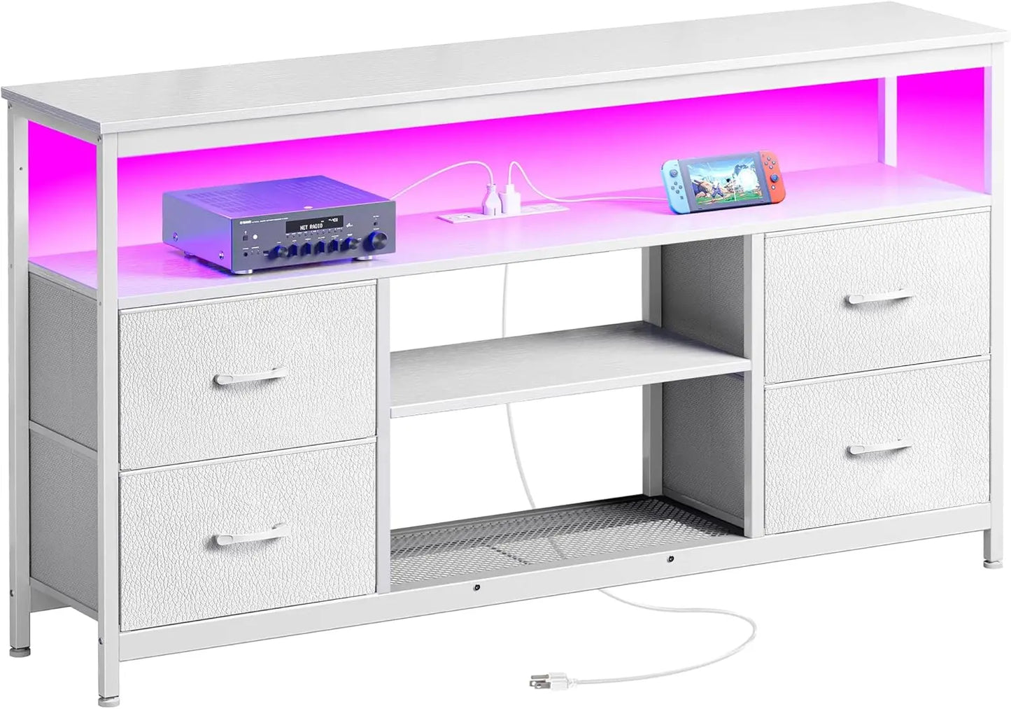 TV Stand Dresser with Power Outlets and LED Lights, 4 Drawers Entertainment Center with Open Shelf, Media Console for 50