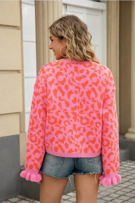 Miss Sparkling Leopard Knit Cardigan with Front Tie