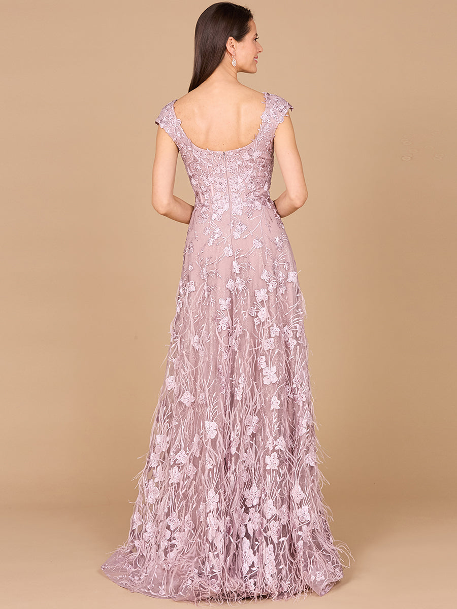 Cap Sleeves, A-line Dress with Feathers
