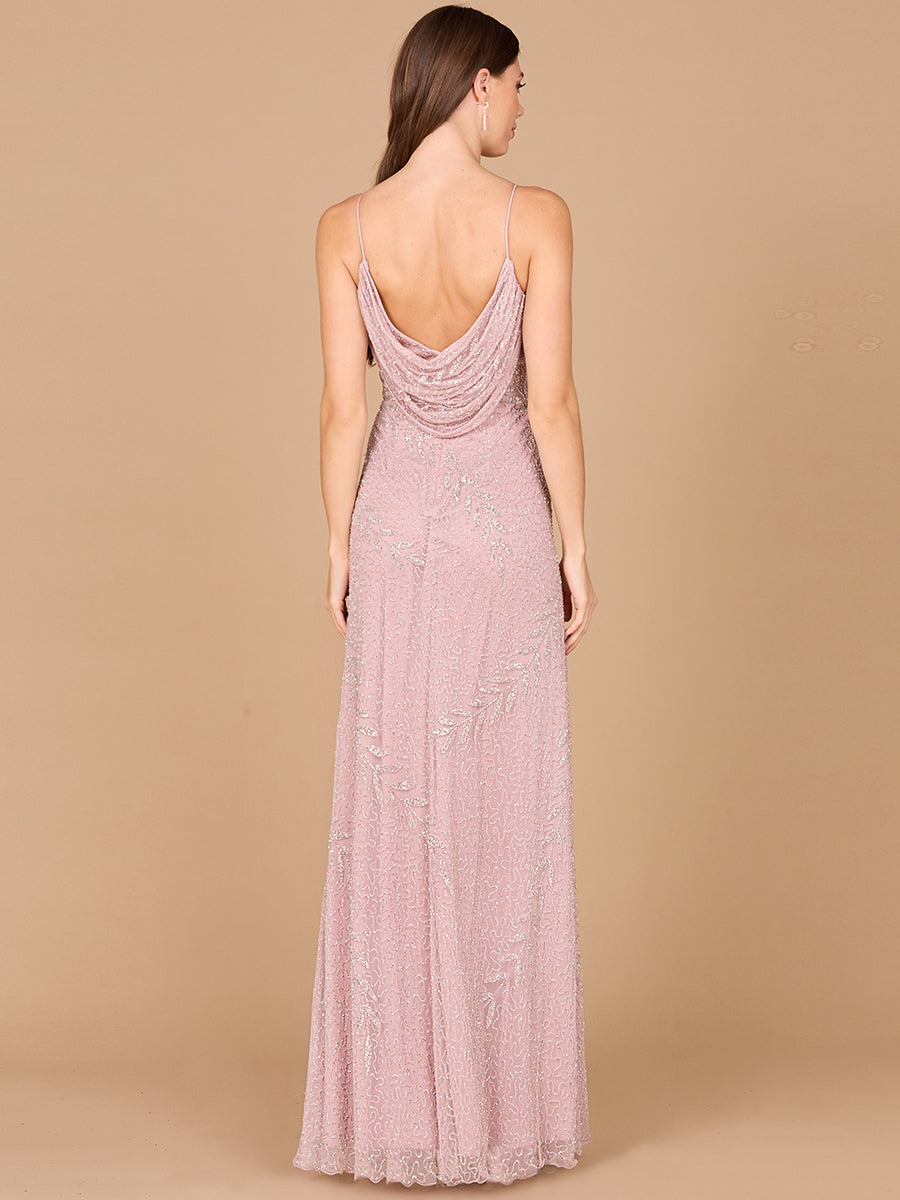 Beaded Spaghetti Strap Navy Full-Length Gown