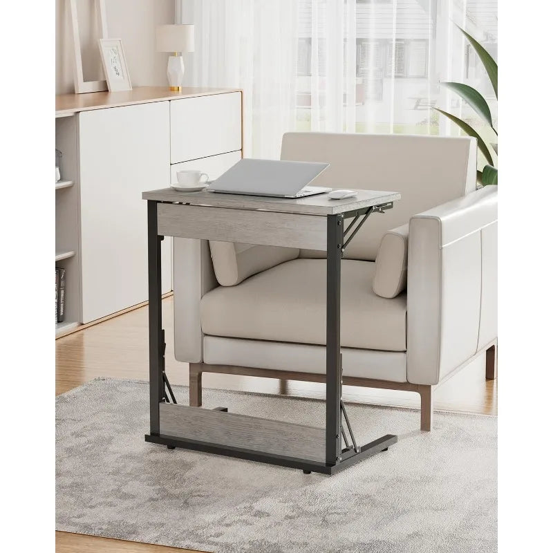 24" Wide Folding C-Shaped End Table, Small Side Desk for Couch, Sofa TV Tray Table with Metal Frame for Living Room, Bedroom,