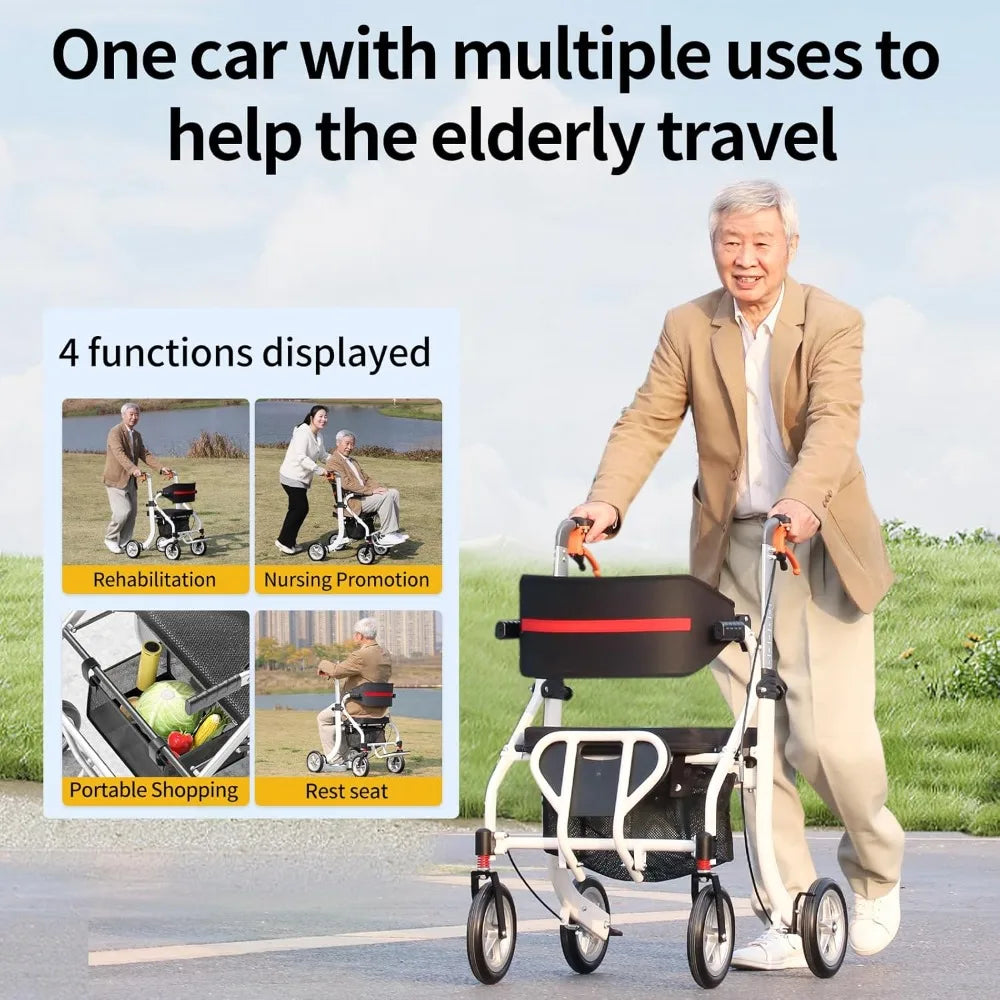 4-in-1 Mobility Wheelchair Combination No Installation Design Walkers for Seniors Foldable Walker with Seat Rollator Walker