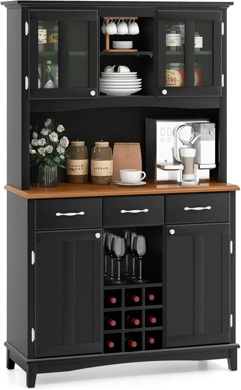 Kitchen Hutch with Storage, Glass Doors, Wine Rack, Adjustable Shelves, Pantry Storage Cabinet Sideboard, Farmhouse Cabinet