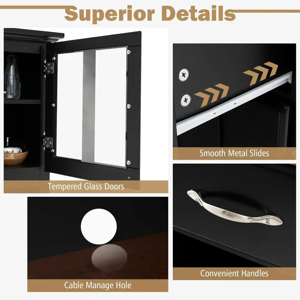 Kitchen Hutch with Storage, Glass Doors, Wine Rack, Adjustable Shelves, Pantry Storage Cabinet Sideboard, Farmhouse Cabinet