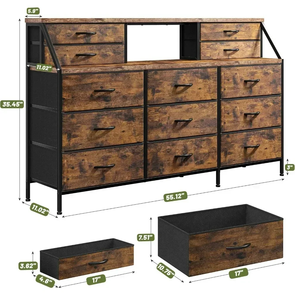 Bedroom Dresser with 13 Large Drawer, Dressers & Chests of Drawers, Dressers with 2 Shelves, Wooden Top Metal Frame Rustic Brown
