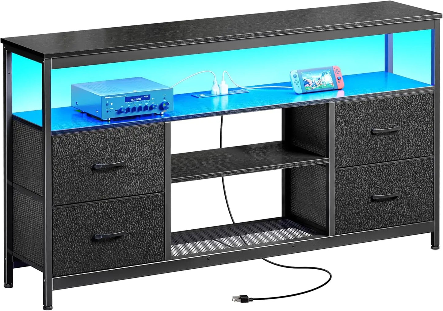 TV Stand Dresser with Power Outlets and LED Lights, 4 Drawers Entertainment Center with Open Shelf, Media Console for 50