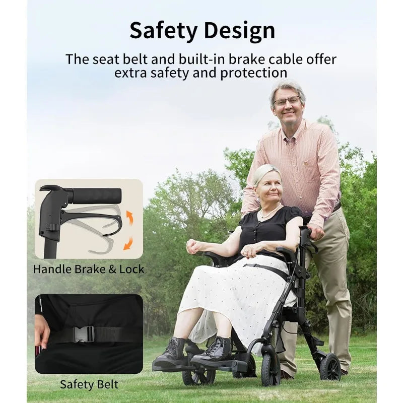 VOCIC 2 in 1 Rolling Walker Chair with Brakes & Pouch for Seniors, Lightweight Foldable Wheelchair, Adult Walkers All Terrain