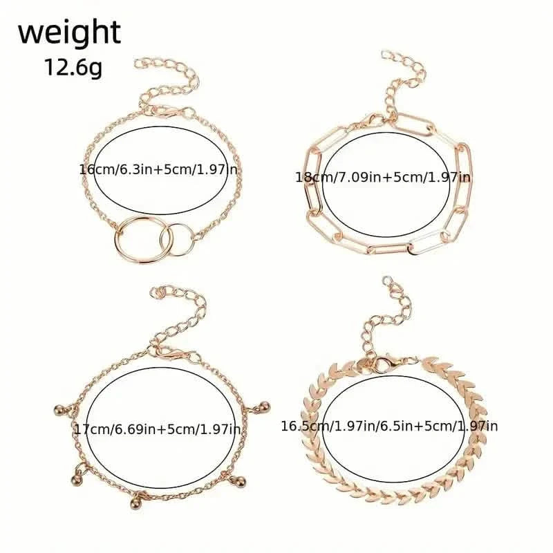 4-Pieces: Vintage Leaf Pendant Hand Chain Bracelet Set For Women