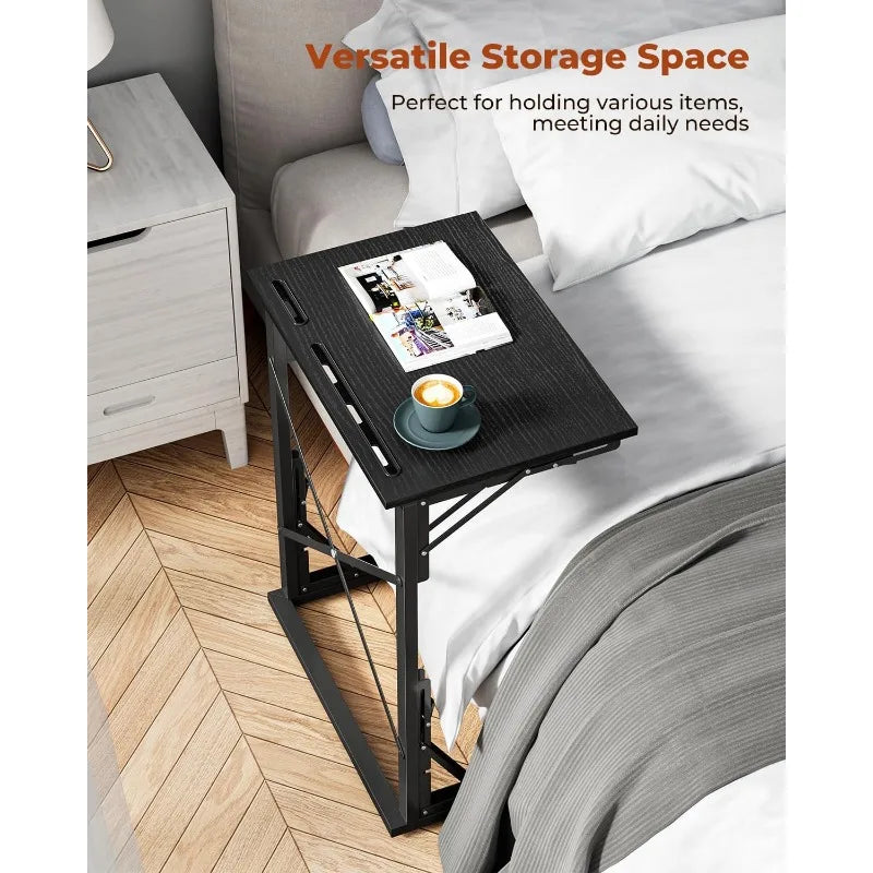 21''Wx28''H Folding TV Tray, Small Foldable C-Shaped End Table for Eating with Tablet and Phone Slots, Slide Under Couch