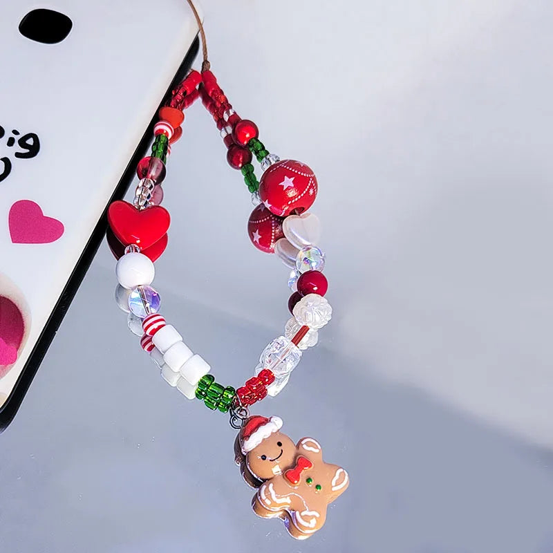 Gingerbread Man Mobile Phone Charm Strap Chain Lanyard Cute Red Green Clear Acrylic Bead Women Christmas Gifts Cellphone Jewelry