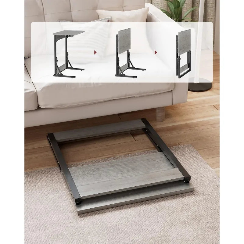 24" Wide Folding C-Shaped End Table, Small Side Desk for Couch, Sofa TV Tray Table with Metal Frame for Living Room, Bedroom,