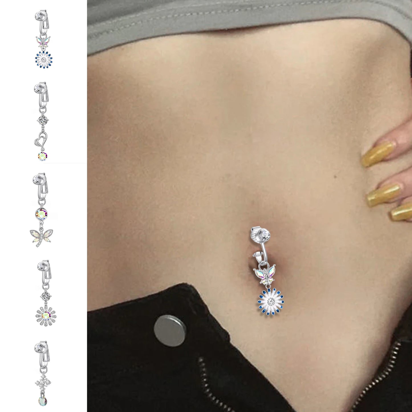 Fake Belly Piercing Sunflower Dangling Long Fake Belly Button Pircing Clip On Umbilical Navel Cartilage Earring Clip Jewelry