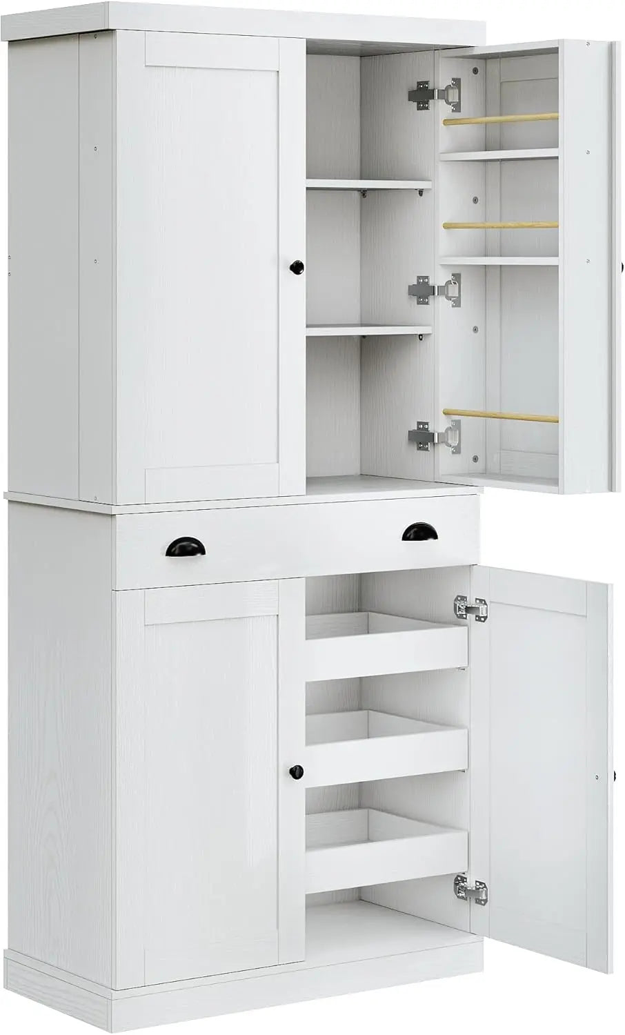 Kitchen Pantry Cabinet Freestanding Cupboard with Drawer, Sliding Storage Rack, and 6 Hanging Shelves