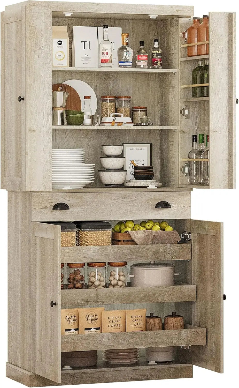 Kitchen Pantry Cabinet Freestanding Cupboard with Drawer, Sliding Storage Rack, and 6 Hanging Shelves