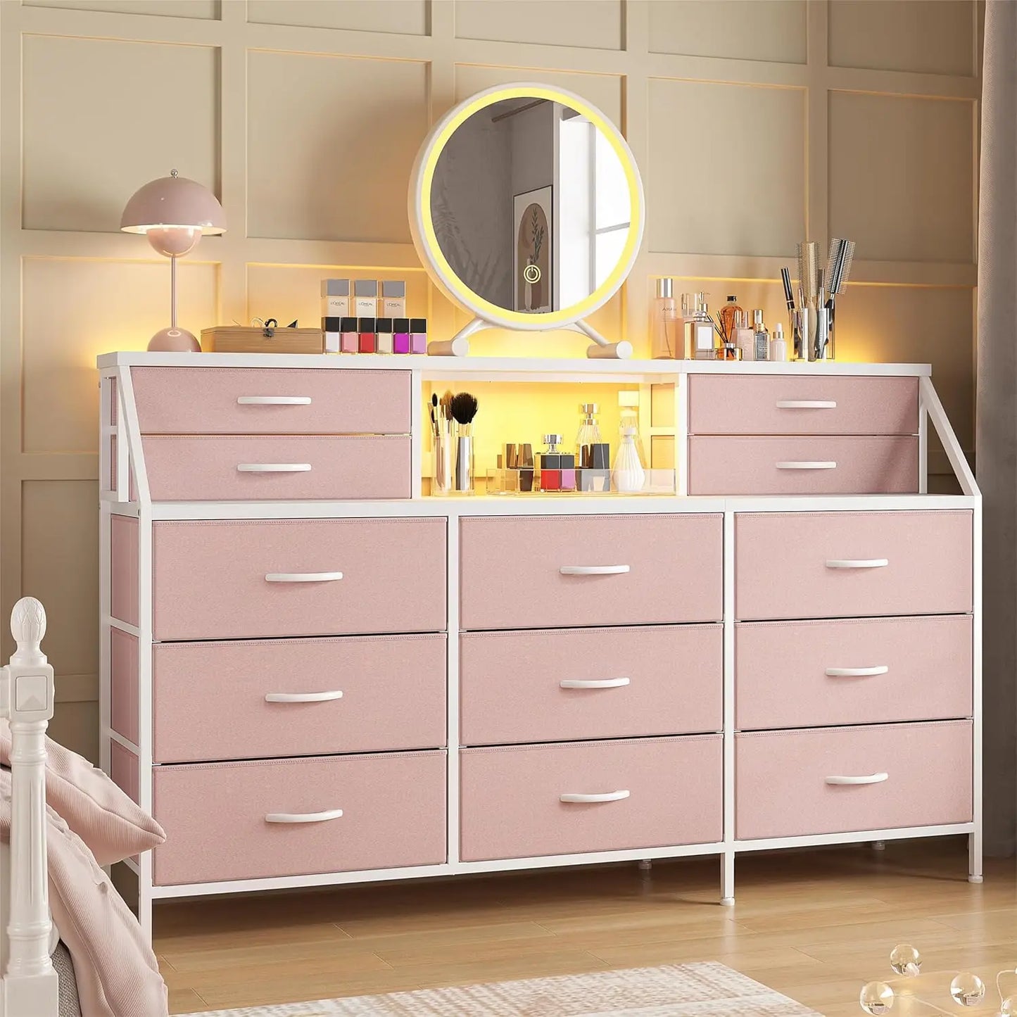 Bedroom Dresser with 13 Large Drawer, Dressers & Chests of Drawers, Dressers with 2 Shelves, Wooden Top Metal Frame Rustic Brown