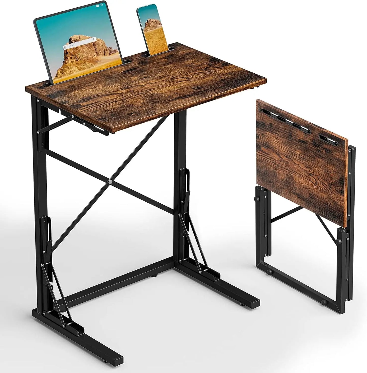 21''Wx28''H Folding TV Tray, Small Foldable C-Shaped End Table for Eating with Tablet and Phone Slots, Slide Under Couch