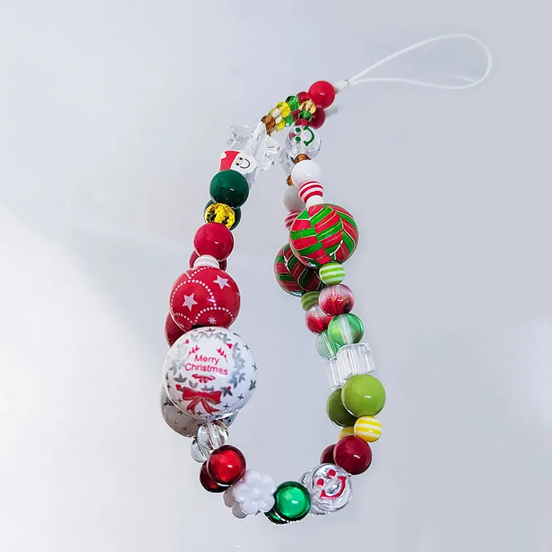 Gingerbread Man Mobile Phone Charm Strap Chain Lanyard Cute Red Green Clear Acrylic Bead Women Christmas Gifts Cellphone Jewelry