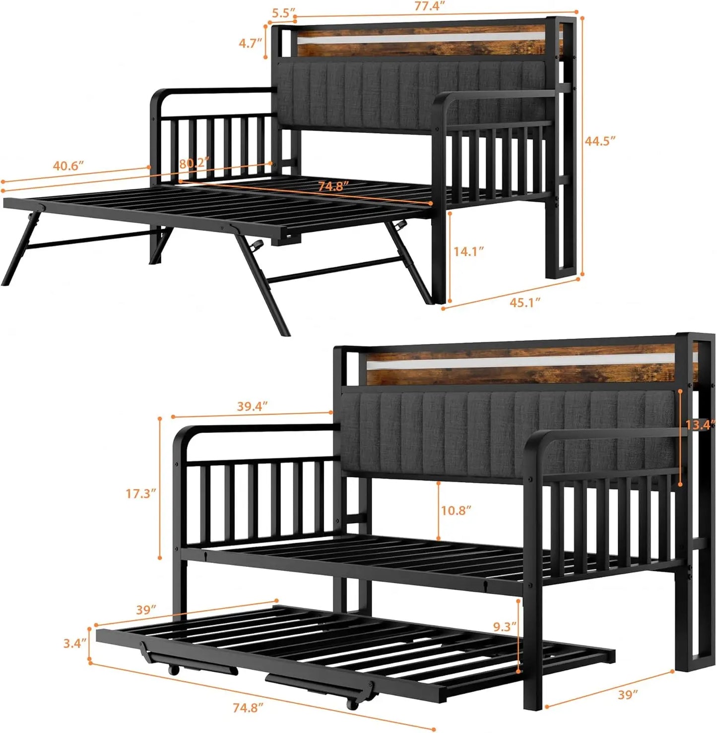 LED Light, Heavy Duty Metal Twin Bed Frame with Upholstered Storage Headboard & Charging Station, Day Bed Pop Up Trundle Bed Twi