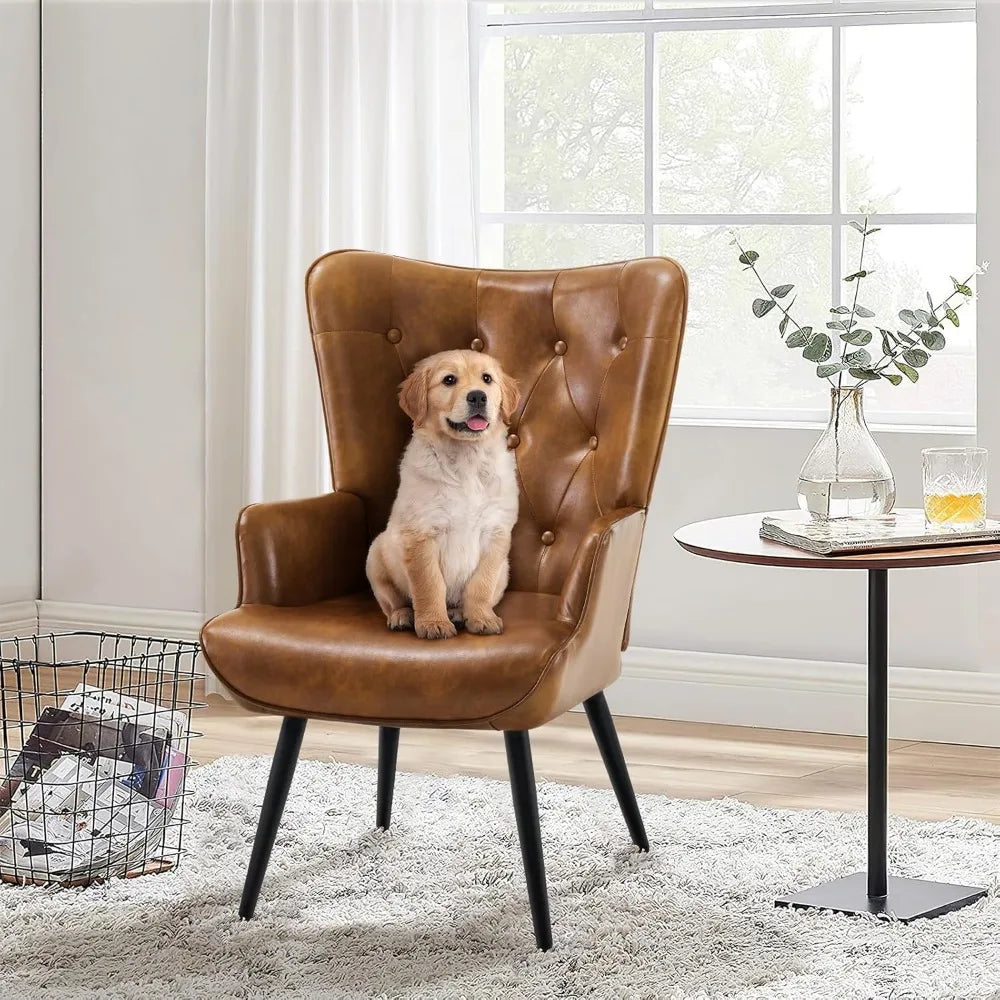 Accent Chairs Set of 2, PU Leather Armchair with High Backrest, Wingback Corner Chair, Mid Century Modern Chair