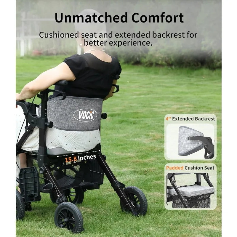 VOCIC 2 in 1 Rolling Walker Chair with Brakes & Pouch for Seniors, Lightweight Foldable Wheelchair, Adult Walkers All Terrain