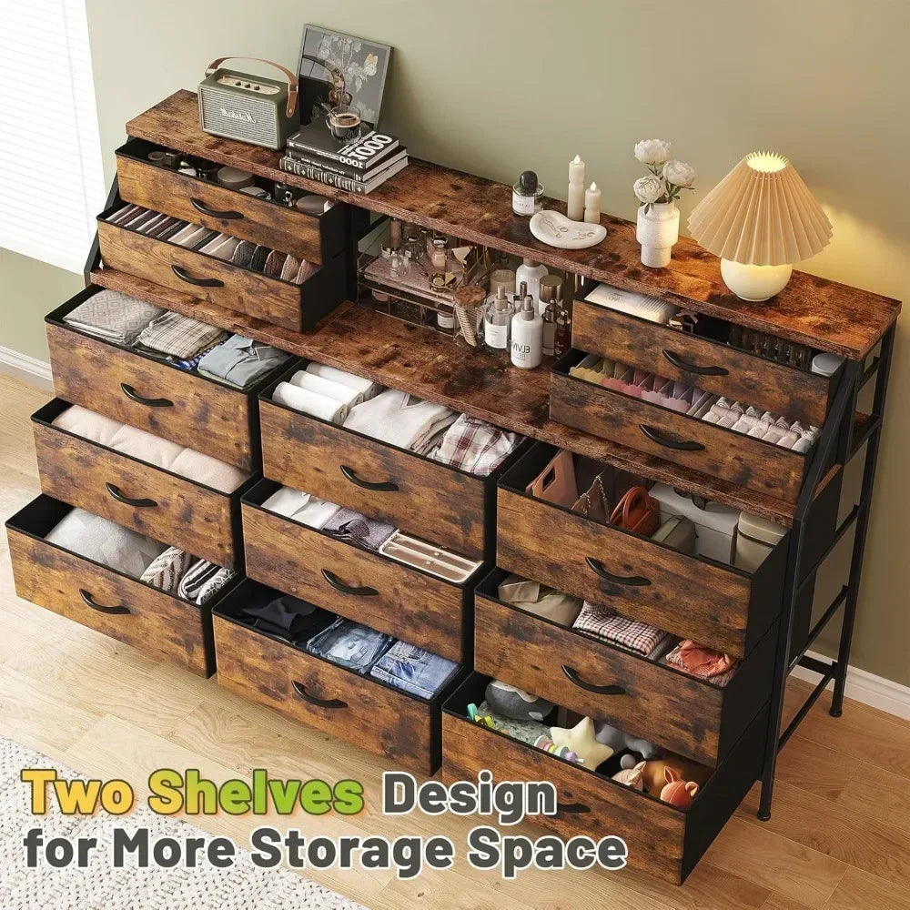 Bedroom Dresser with 13 Large Drawer, Dressers & Chests of Drawers, Dressers with 2 Shelves, Wooden Top Metal Frame Rustic Brown