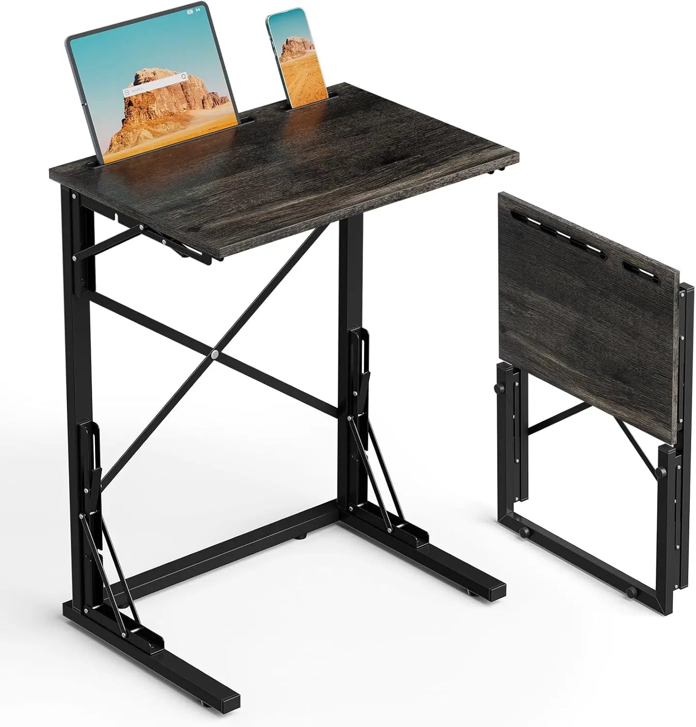 21''Wx28''H Folding TV Tray, Small Foldable C-Shaped End Table for Eating with Tablet and Phone Slots, Slide Under Couch