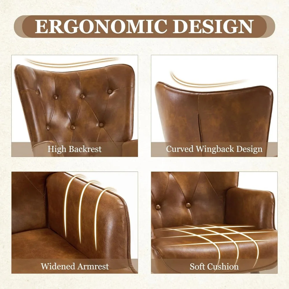 Accent Chairs Set of 2, PU Leather Armchair with High Backrest, Wingback Corner Chair, Mid Century Modern Chair