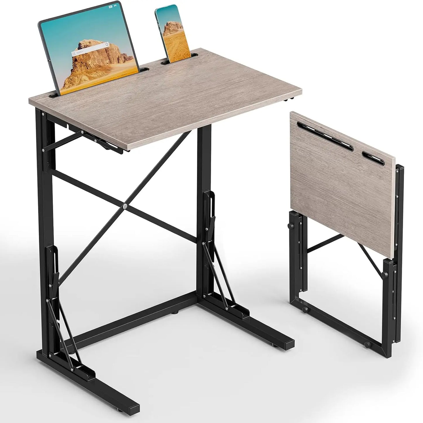 21''Wx28''H Folding TV Tray, Small Foldable C-Shaped End Table for Eating with Tablet and Phone Slots, Slide Under Couch