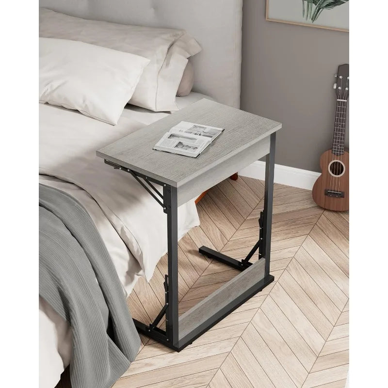 24" Wide Folding C-Shaped End Table, Small Side Desk for Couch, Sofa TV Tray Table with Metal Frame for Living Room, Bedroom,