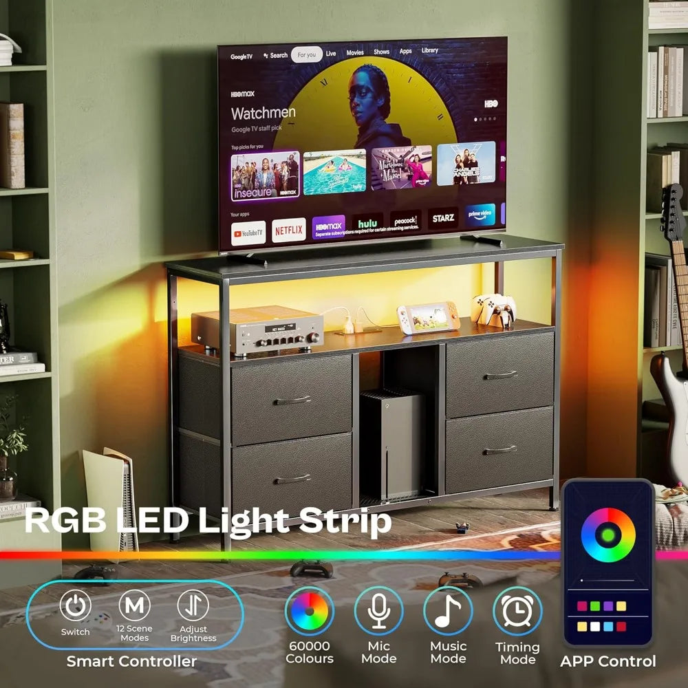 TV Stand Dresser with Power Outlets and LED Lights, 4 Drawers Entertainment Center with Open Shelf, Media Console for 50