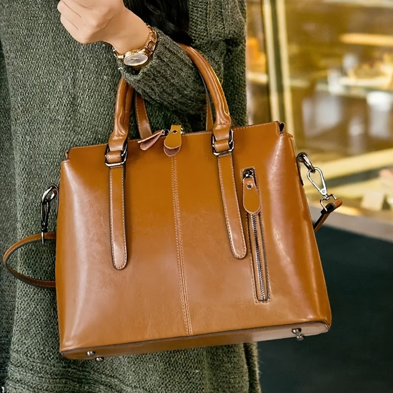 Genuine Leather Women's Bag, Fashionable Women's Hand-held Crossbody, One Shoulder Oil Wax Cowhide Bag, Office, Travel, Ladies' Gifts, Mother's Day Gifts, Christmas Gifts, Valentine's Day Gift, Best for Christmas