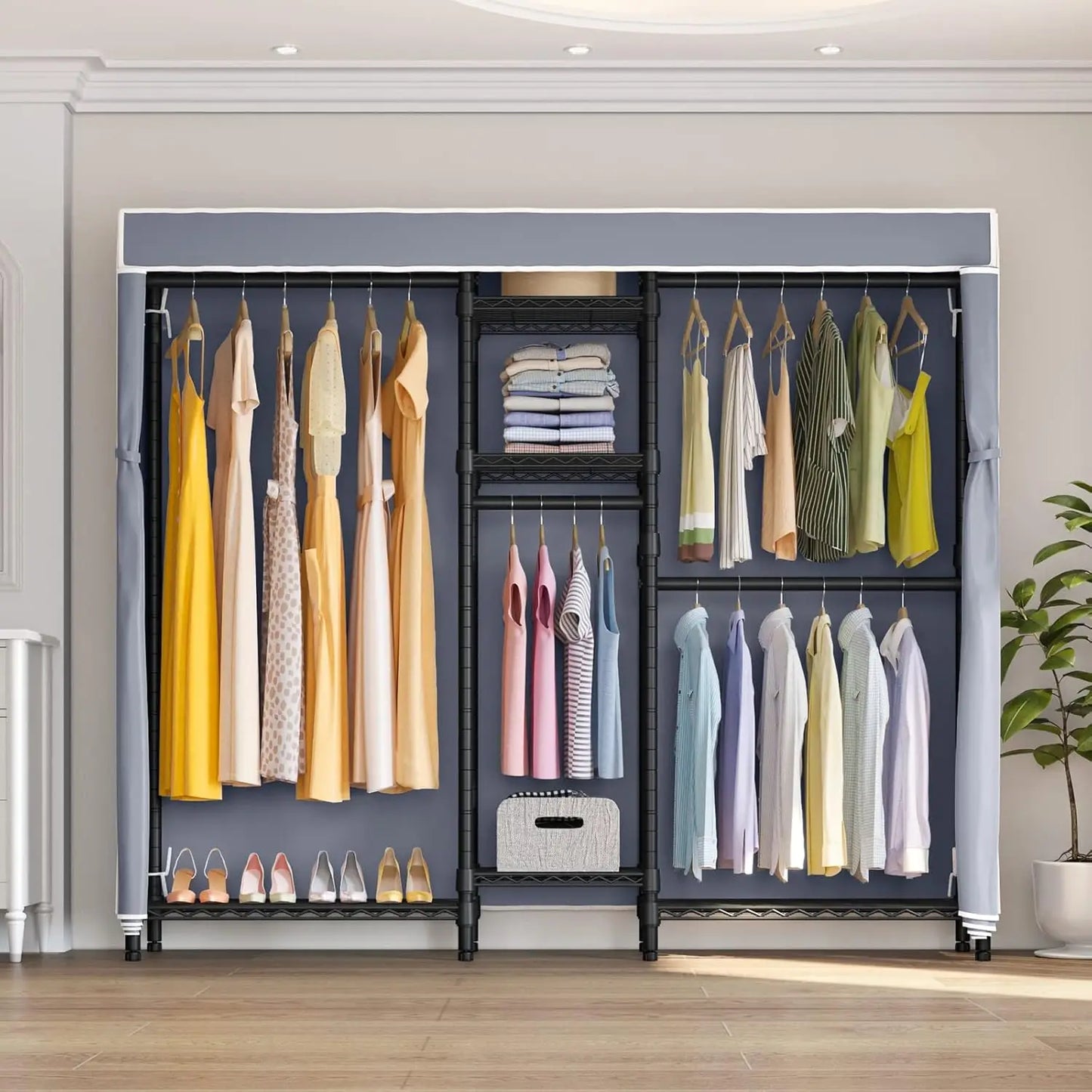 Heavy Duty Covered Clothes Rack Portable Wardrobe Closet, 5 Tiers Wire Garment Rack Black Metal Clothing Rack