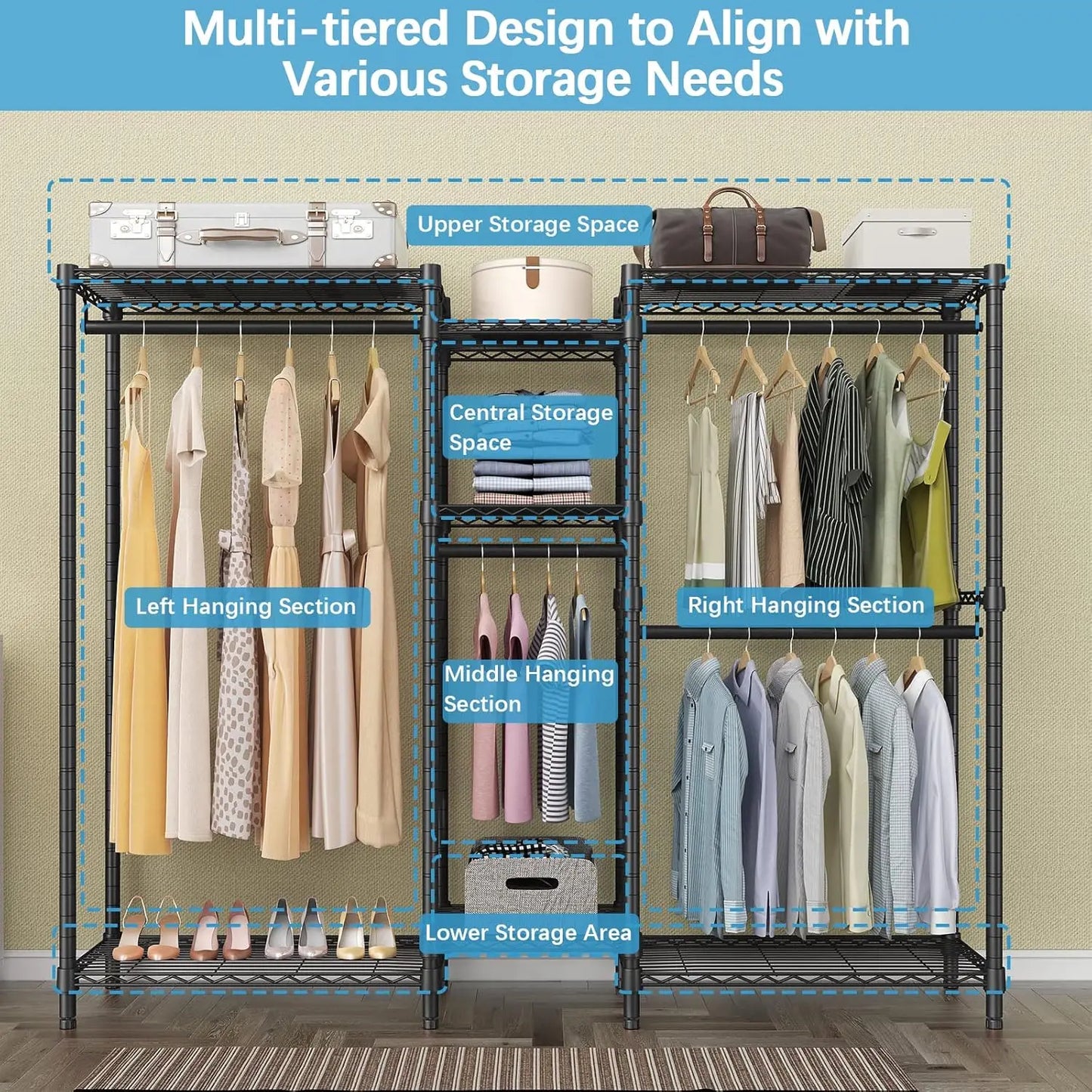 Heavy Duty Covered Clothes Rack Portable Wardrobe Closet, 5 Tiers Wire Garment Rack Black Metal Clothing Rack