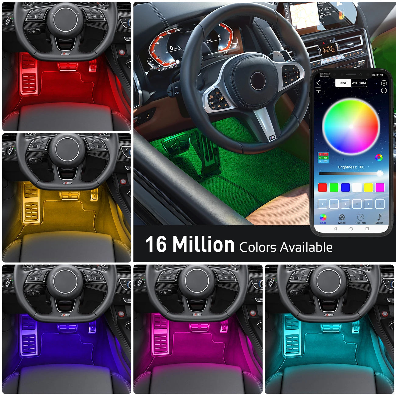 Car LED Neon Interior Light Bluetooth APP 3 Key Remote Control Ambient Music Light Car Interior Auto Decoration 12V
