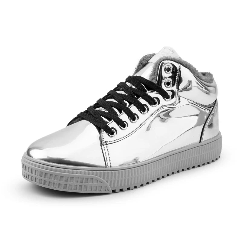 Warm Men Shoes Patent Leather Sneakers High Tops Gold Silver Hip Hop Boots Plush Winter Shoes Fashion Shoes Flats Size 47