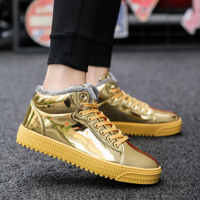 Warm Men Shoes Patent Leather Sneakers High Tops Gold Silver Hip Hop Boots Plush Winter Shoes Fashion Shoes Flats Size 47