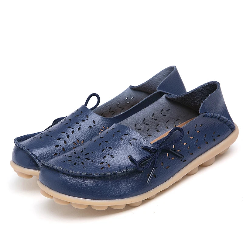 Women's Fashion Summer Footwear of Genuine Leather Sweet Loafers Flat Shoes with Round Toe for Soft Nurse Casual Working Slip On